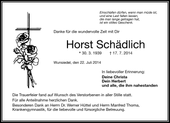 Traueranzeige von Horst Schädlich von Frankenpost