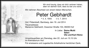 Traueranzeige von Peter Gebhardt von Frankenpost