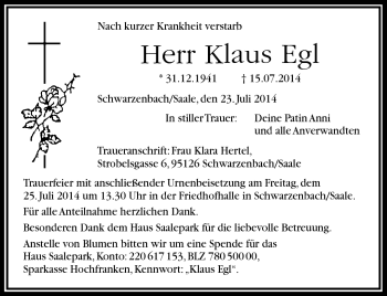 Traueranzeige von Klaus Egl von Frankenpost