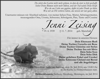 Traueranzeige von Jenni Zeising von Südthüringer Presse