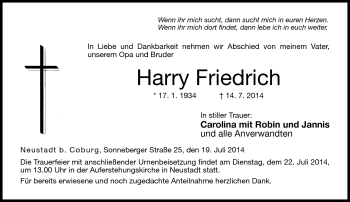 Traueranzeige von Harry Friedrich von Neue Presse Coburg
