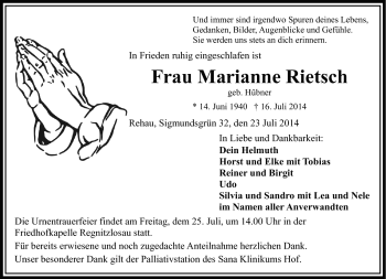 Traueranzeige von Marianne Rietsch von Frankenpost