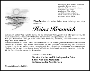 Traueranzeige von Heinz Krannich von Südthüringer Presse