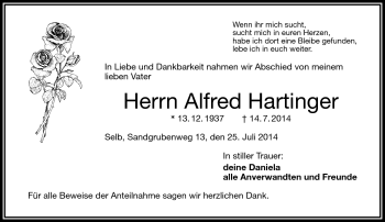 Traueranzeige von Alfred Hartinger von Frankenpost