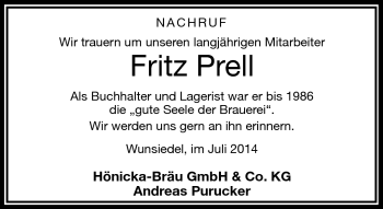 Traueranzeige von Fritz Prell von Frankenpost