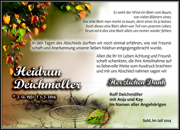 Traueranzeige von Heidrun Deichmöller von Südthüringer Presse
