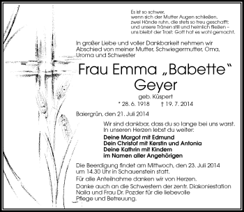 Traueranzeige von Emma Geyewr von Frankenpost