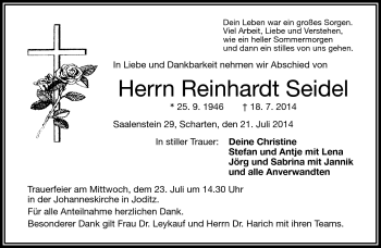 Traueranzeige von Reinhardt Seidel von Frankenpost
