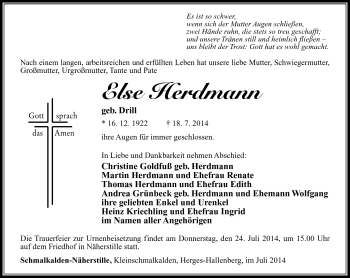 Traueranzeige von Else Herdmann von Südthüringer Presse