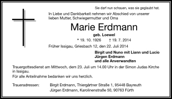 Traueranzeige von Marie Erdmann von Frankenpost
