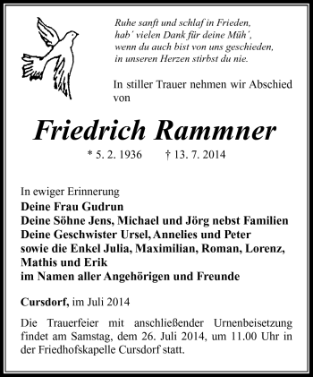 Traueranzeige von Friedrich Rammer von Südthüringer Presse