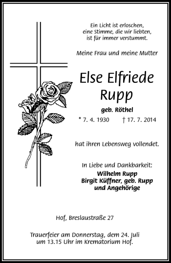 Traueranzeige von Else Elfriede Rupp von Frankenpost