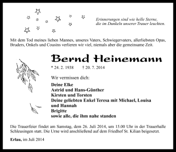 Traueranzeige von Bernd Heinemann von Südthüringer Presse