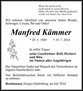 Traueranzeige von Manfred Kämmer von Südthüringer Presse