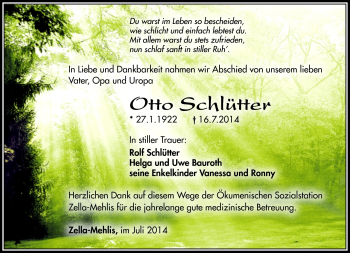 Traueranzeige von Otto Schlütter von Südthüringer Presse