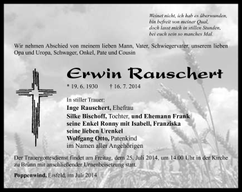 Traueranzeige von Erwin Rauschert von Südthüringer Presse