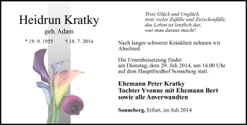 Traueranzeige von Heidrun Kratky von Südthüringer Presse