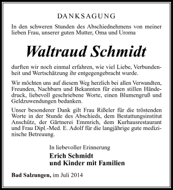 Traueranzeige von Waltraud Schmidt von Südthüringer Presse