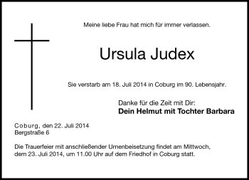 Traueranzeige von Ursula Judex von Neue Presse Coburg
