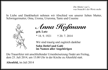Traueranzeige von Anna Hofmann von Südthüringer Presse