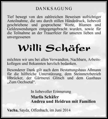 Traueranzeige von Willi Schäfer von Südthüringer Presse