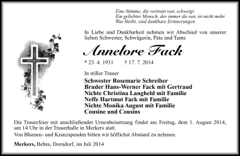 Traueranzeige von Annelore Fack von Südthüringer Presse