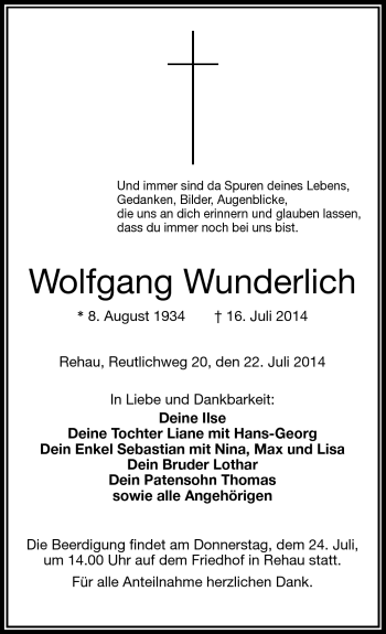 Traueranzeige von Wolfgang Wunderlich von Frankenpost