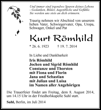 Traueranzeige von Kurt Römhild von Südthüringer Presse