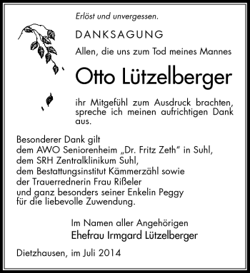 Traueranzeige von Otto Lützelberger von Südthüringer Presse