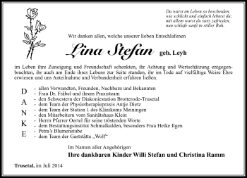 Traueranzeige von Lina Stefan von Südthüringer Presse