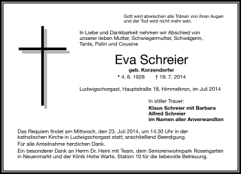 Traueranzeige von Eva Schreier von Frankenpost