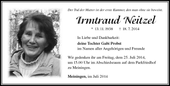 Traueranzeige von Irmtraud Neitzel von Südthüringer Presse