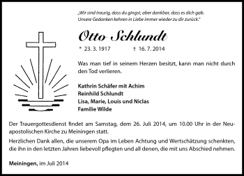 Traueranzeige von Otto Schlundt von Südthüringer Presse