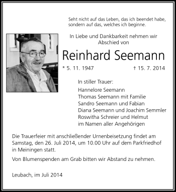Traueranzeige von Reinhard Seemann von Südthüringer Presse