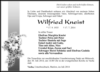 Traueranzeige von Wilfried Kneist von Südthüringer Presse
