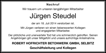 Traueranzeige von Jürgen Steudel von Frankenpost