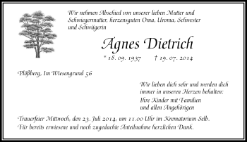 Traueranzeige von Agnes Dietrich von Frankenpost
