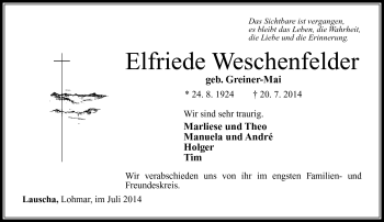 Traueranzeige von Elfriede Weschenfelder von Südthüringer Presse