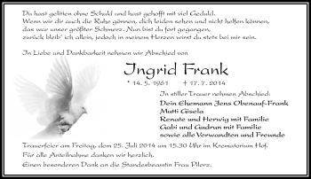 Traueranzeige von Ingrid Frank von Frankenpost