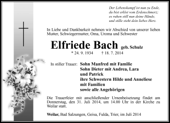 Traueranzeige von Elfriede Bach von Südthüringer Presse