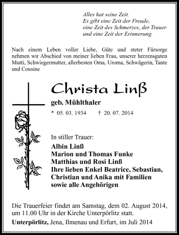 Traueranzeige von Christa Linß von Südthüringer Presse