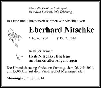 Traueranzeige von Eberhard Nitschke von Südthüringer Presse