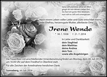 Traueranzeige von Marie Wende von Südthüringer Presse