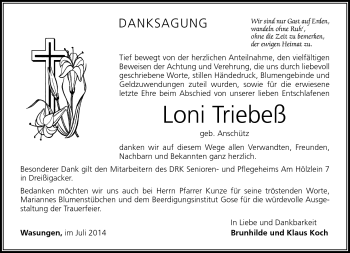 Traueranzeige von Loni Triebeß von Südthüringer Presse