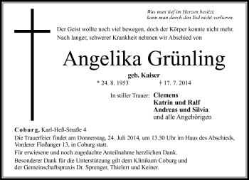 Traueranzeige von Angelika Grünling von Neue Presse Coburg