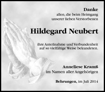 Traueranzeige von Hildegard neubert von Südthüringer Presse