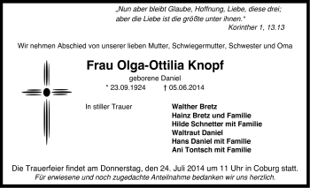 Traueranzeige von Olga-Ottilia Knopf von Neue Presse Coburg