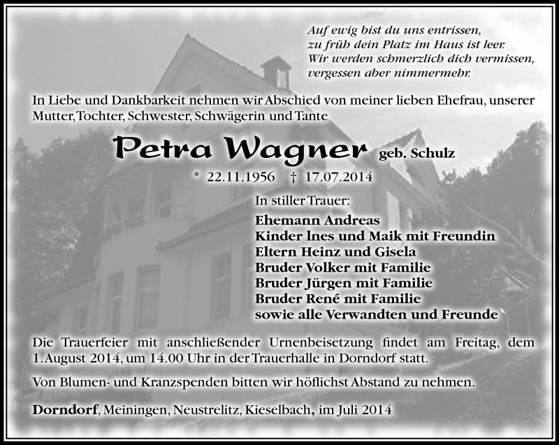  Traueranzeige für Petra Wagner vom 29.07.2014 aus Südthüringer Presse