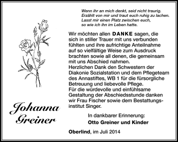 Traueranzeige von Johanna Greiner von Südthüringer Presse
