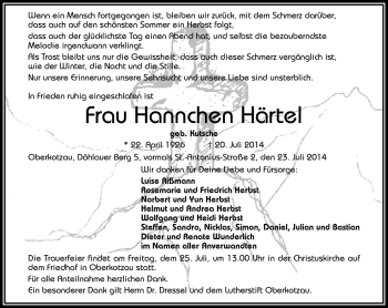 Traueranzeige von Hannchen Härtel von Frankenpost